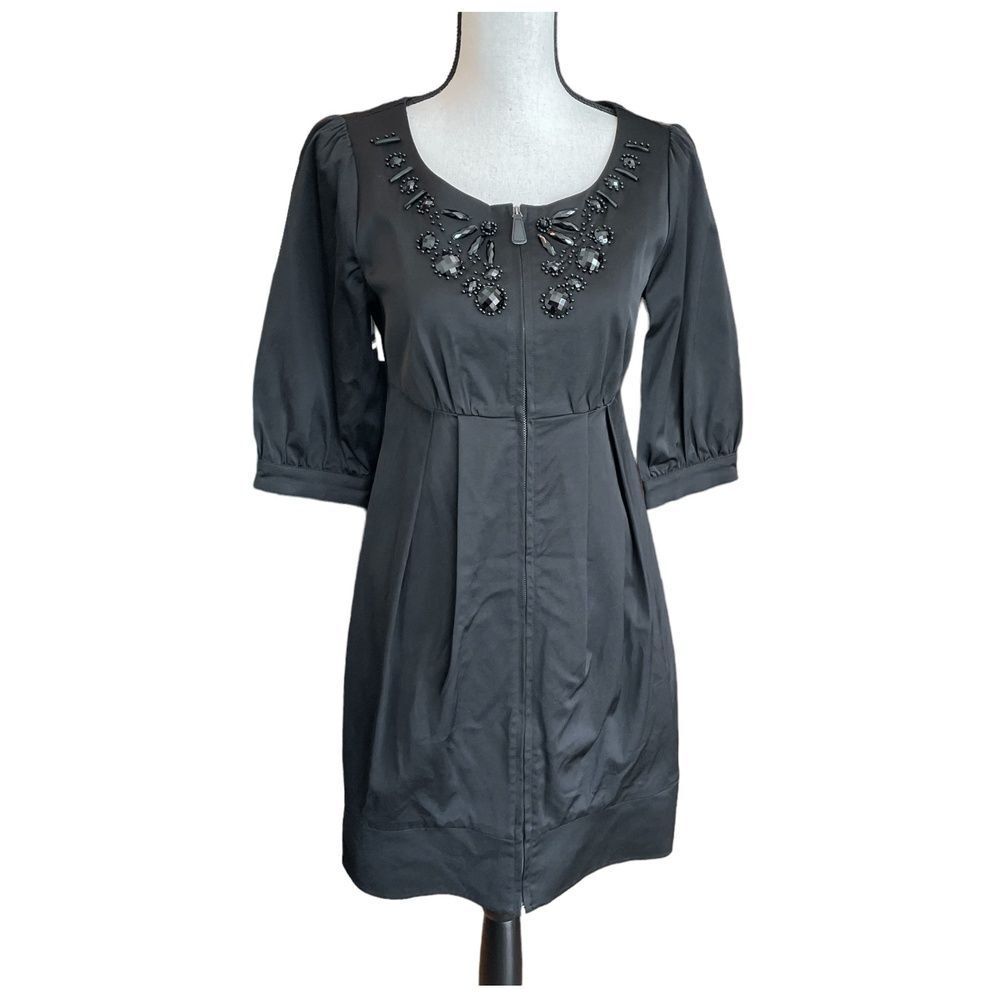 V&Z Womens Mini Dress A-line Black Half Sleeve Jewels Scoop Neck Full Zip L